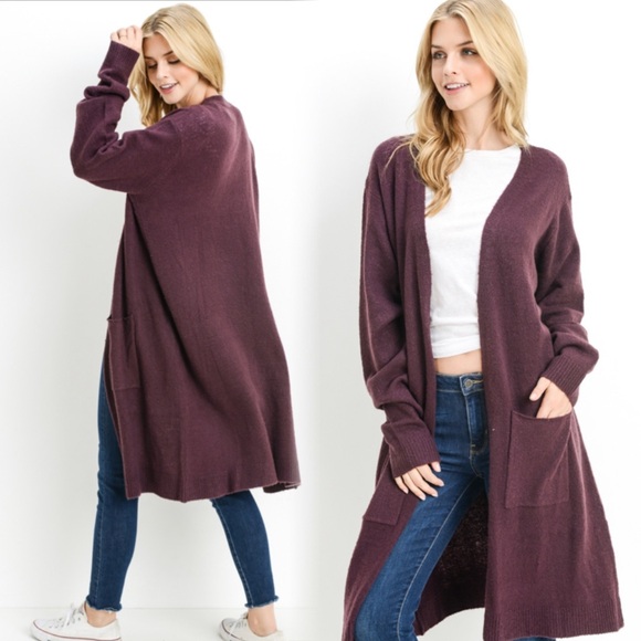 Sweaters - Women's Long Cardigan Sweater in Wine
